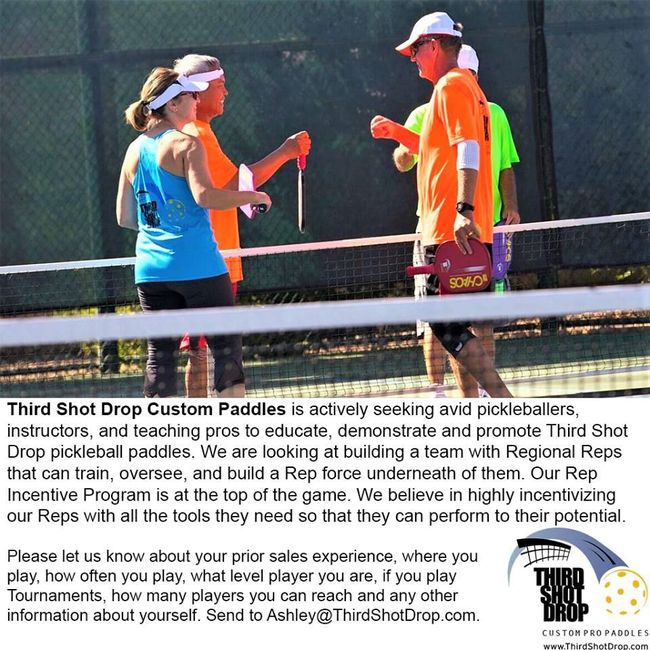 Third Shot Drop is actively seeking avid pickleballers, instructors, and teaching pros to educate, demonstrate and promote Third Shot Drop pickleball paddles.